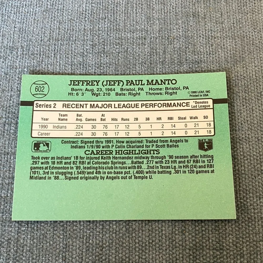 1991 Donruss Cleveland Indians Baseball Card Trading Card